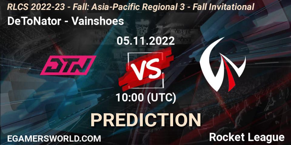 Prognose für das Spiel DeToNator VS Vainshoes. 05.11.2022 at 10:00. Rocket League - RLCS 2022-23 - Fall: Asia-Pacific Regional 3 - Fall Invitational