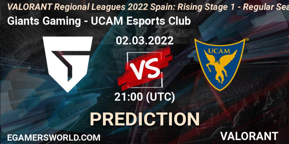 Prognose für das Spiel Giants Gaming VS UCAM Esports Club. 02.03.2022 at 21:10. VALORANT - VALORANT Regional Leagues 2022 Spain: Rising Stage 1 - Regular Season