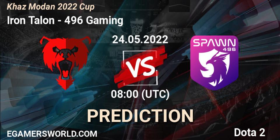 Prognose für das Spiel Iron Talon VS 496 Gaming. 24.05.2022 at 08:23. Dota 2 - Khaz Modan 2022 Cup