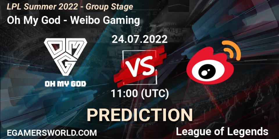 Prognose für das Spiel Oh My God VS Weibo Gaming. 24.07.2022 at 11:00. LoL - LPL Summer 2022 - Group Stage