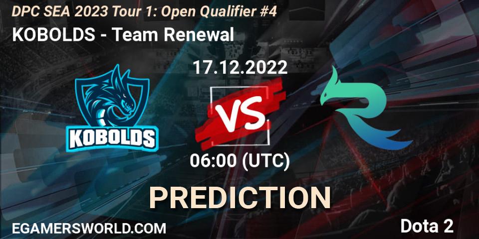 Prognose für das Spiel KOBOLDS VS Team Renewal. 17.12.2022 at 06:00. Dota 2 - DPC SEA 2023 Tour 1: Open Qualifier #4