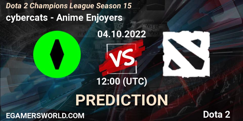 Prognose für das Spiel cybercats VS Anime Enjoyers. 04.10.2022 at 15:00. Dota 2 - Dota 2 Champions League Season 15