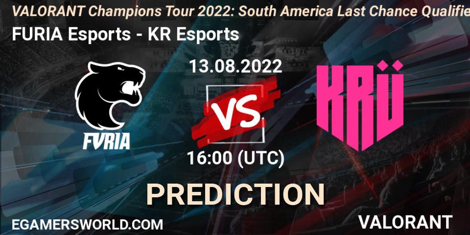 Prognose für das Spiel FURIA Esports VS KRÜ Esports. 13.08.2022 at 20:00. VALORANT - VCT 2022: South America Last Chance Qualifier