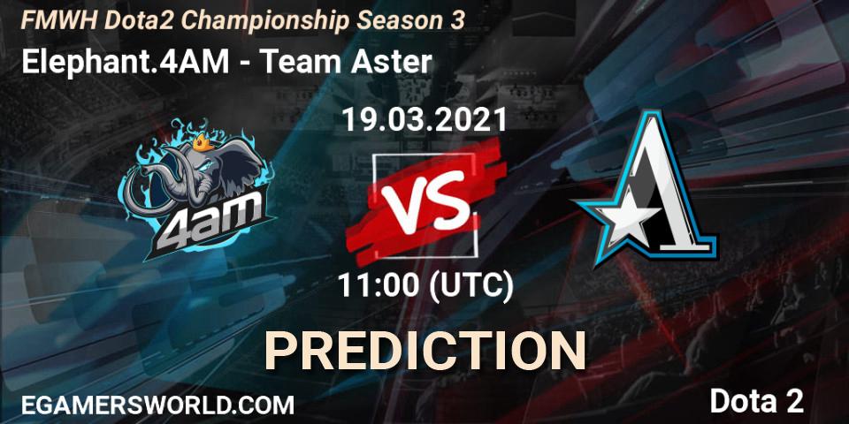 Prognose für das Spiel Elephant.4AM VS Team Aster. 19.03.2021 at 11:36. Dota 2 - FMWH Dota2 Championship Season 3