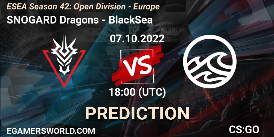 Prognose für das Spiel SNOGARD Dragons VS BlackSea. 07.10.2022 at 18:00. Counter-Strike (CS2) - ESEA Season 42: Open Division - Europe