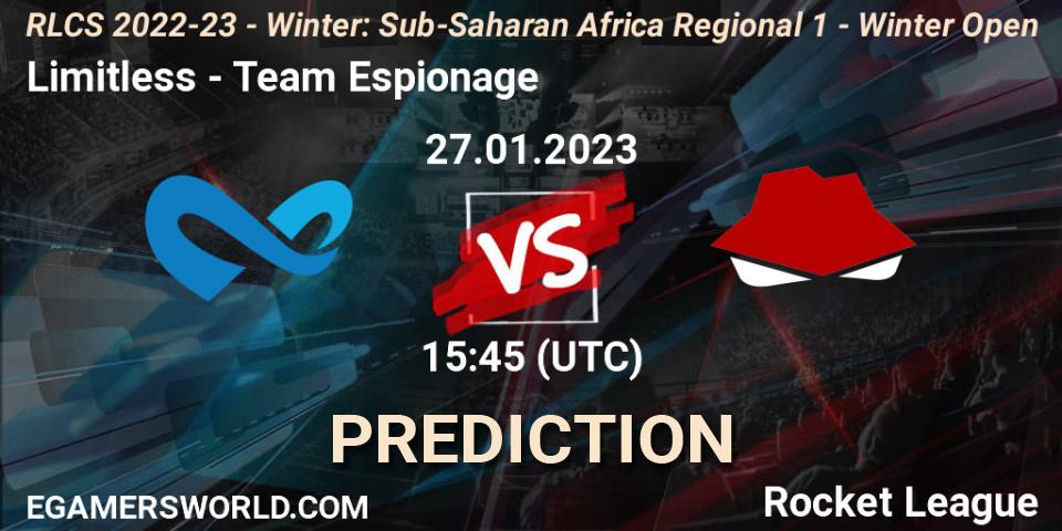 Prognose für das Spiel Limitless VS Team Espionage. 27.01.2023 at 15:45. Rocket League - RLCS 2022-23 - Winter: Sub-Saharan Africa Regional 1 - Winter Open