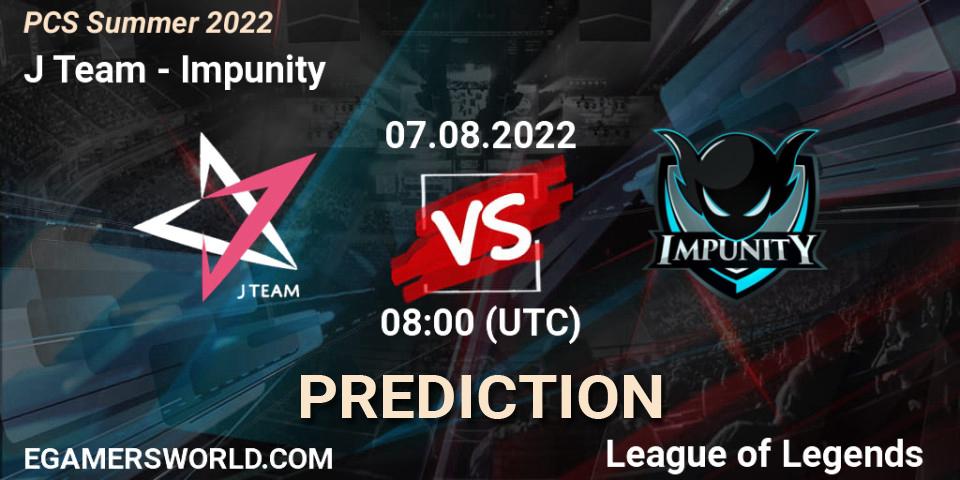 Prognose für das Spiel J Team VS Impunity. 06.08.22. LoL - PCS Summer 2022