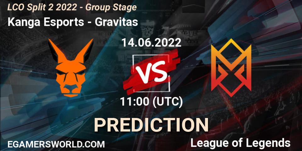 Prognose für das Spiel Kanga Esports VS Gravitas. 14.06.2022 at 11:00. LoL - LCO Split 2 2022 - Group Stage