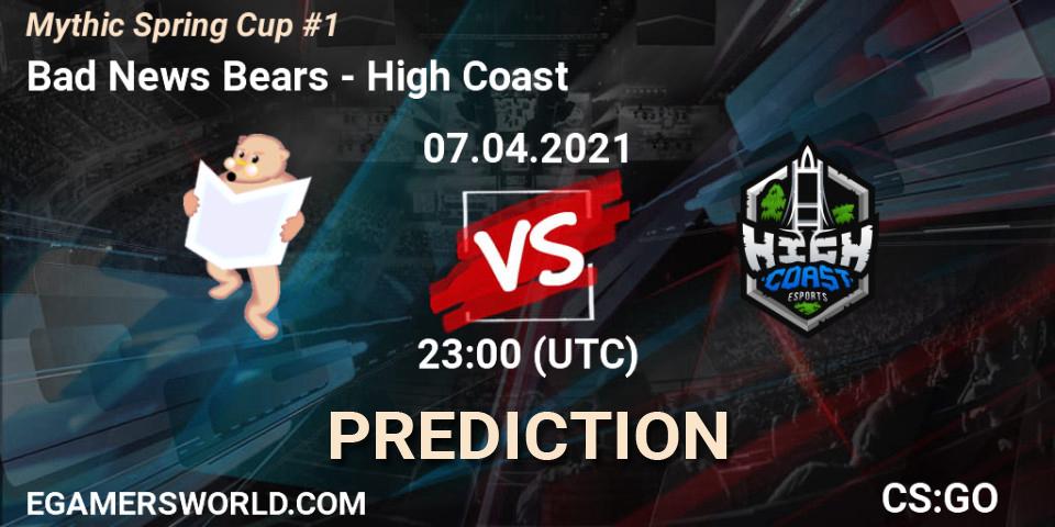 Prognose für das Spiel Bad News Bears VS High Coast. 07.04.2021 at 23:00. Counter-Strike (CS2) - Mythic Spring Cup #1