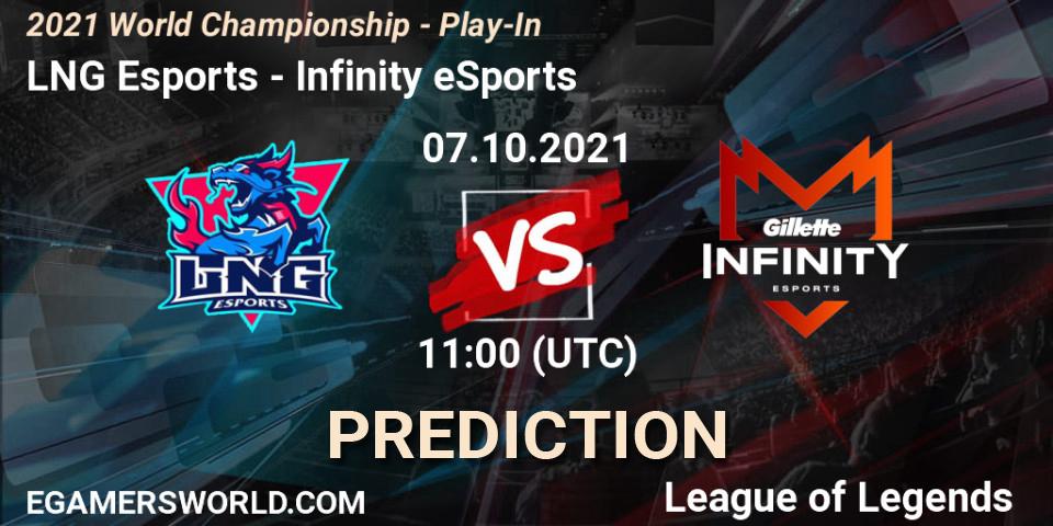 Prognose für das Spiel LNG Esports VS Infinity eSports. 07.10.2021 at 11:00. LoL - 2021 World Championship - Play-In