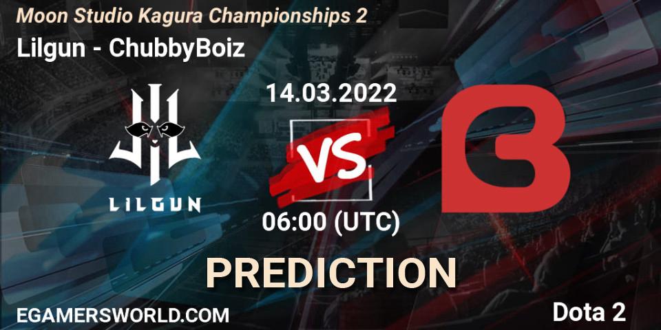 Prognose für das Spiel Lilgun VS ChubbyBoiz. 14.03.2022 at 06:08. Dota 2 - Moon Studio Kagura Championships 2