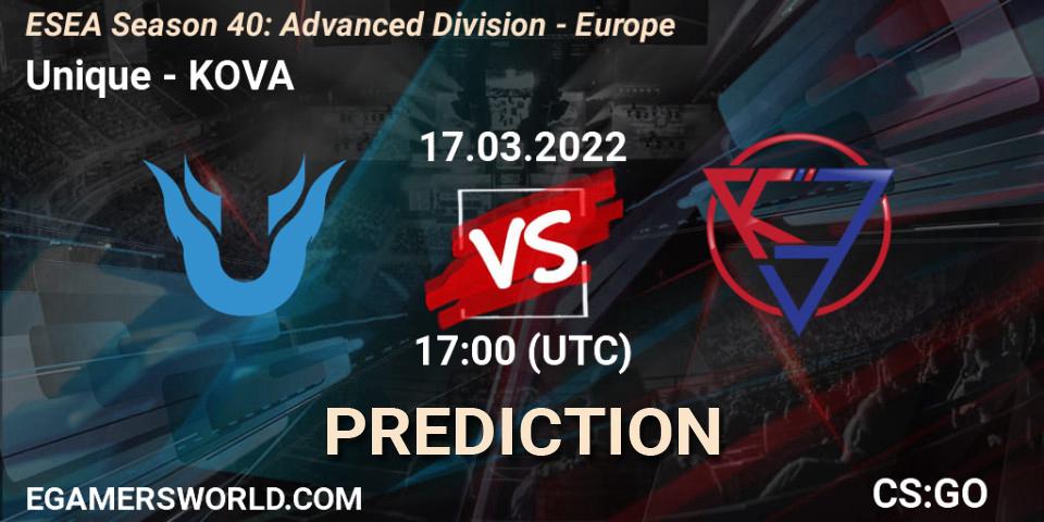 Prognose für das Spiel Unique VS KOVA. 17.03.22. CS2 (CS:GO) - ESEA Season 40: Advanced Division - Europe