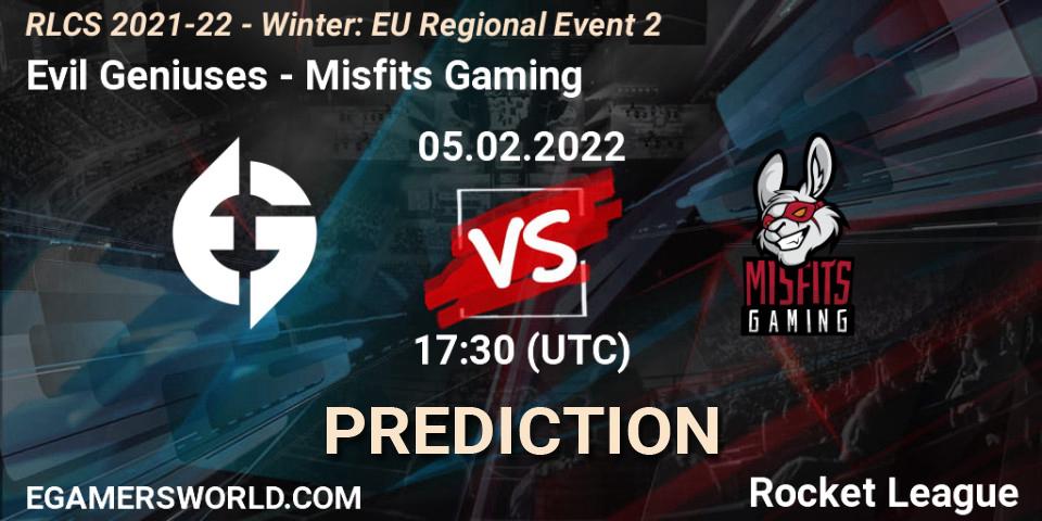 Prognose für das Spiel Evil Geniuses VS Misfits Gaming. 05.02.2022 at 17:40. Rocket League - RLCS 2021-22 - Winter: EU Regional Event 2