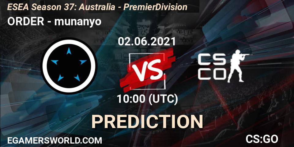 Prognose für das Spiel ORDER VS munanyo. 02.06.2021 at 10:00. Counter-Strike (CS2) - ESEA Season 37: Australia - Premier Division
