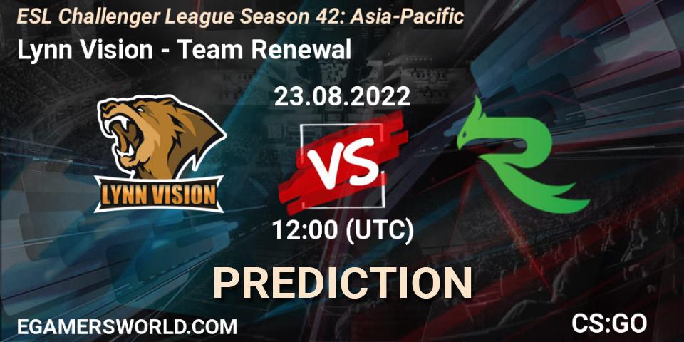Prognose für das Spiel Lynn Vision VS Team Renewal. 23.08.2022 at 12:00. Counter-Strike (CS2) - ESL Challenger League Season 42: Asia-Pacific