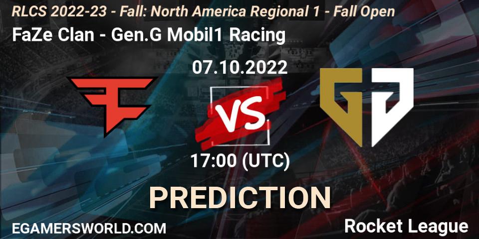 Prognose für das Spiel FaZe Clan VS Gen.G Mobil1 Racing. 07.10.2022 at 17:00. Rocket League - RLCS 2022-23 - Fall: North America Regional 1 - Fall Open