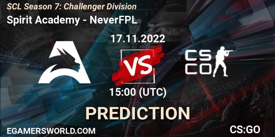 Prognose für das Spiel Spirit Academy VS NeverFPL. 17.11.2022 at 12:00. Counter-Strike (CS2) - SCL Season 7: Challenger Division