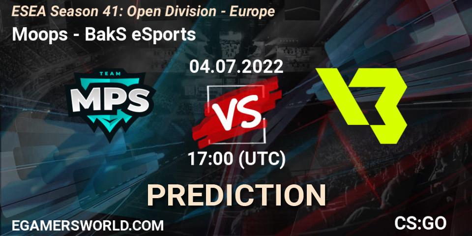 Prognose für das Spiel Moops VS BakS eSports. 04.07.2022 at 17:00. Counter-Strike (CS2) - ESEA Season 41: Open Division - Europe