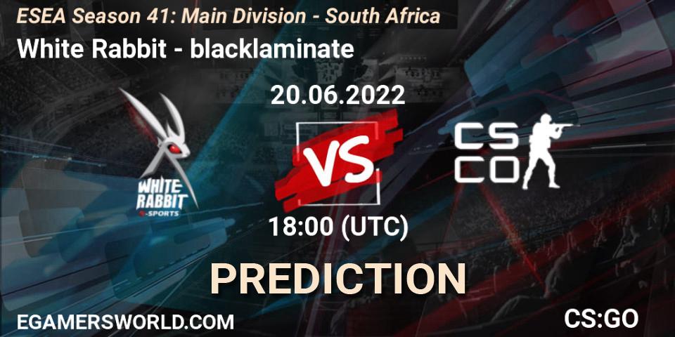 Prognose für das Spiel White Rabbit VS blacklaminate. 20.06.2022 at 18:00. Counter-Strike (CS2) - ESEA Season 41: Main Division - South Africa