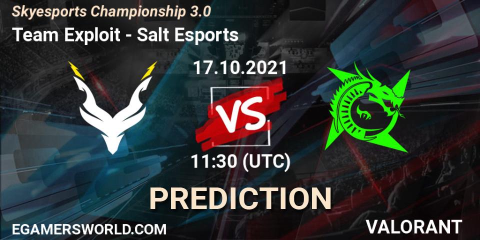 Prognose für das Spiel Team Exploit VS Salt Esports. 17.10.2021 at 11:30. VALORANT - Skyesports Championship 3.0