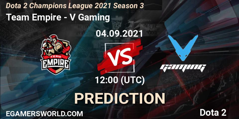 Prognose für das Spiel Team Empire VS V Gaming. 04.09.2021 at 12:00. Dota 2 - Dota 2 Champions League 2021 Season 3
