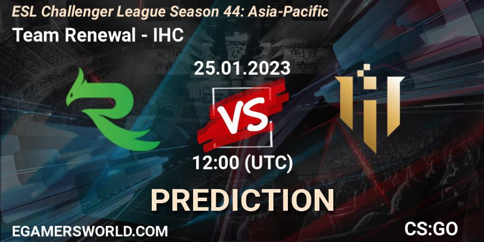 Prognose für das Spiel Team Renewal VS IHC. 25.01.2023 at 12:00. Counter-Strike (CS2) - ESL Challenger League Season 44: Asia-Pacific