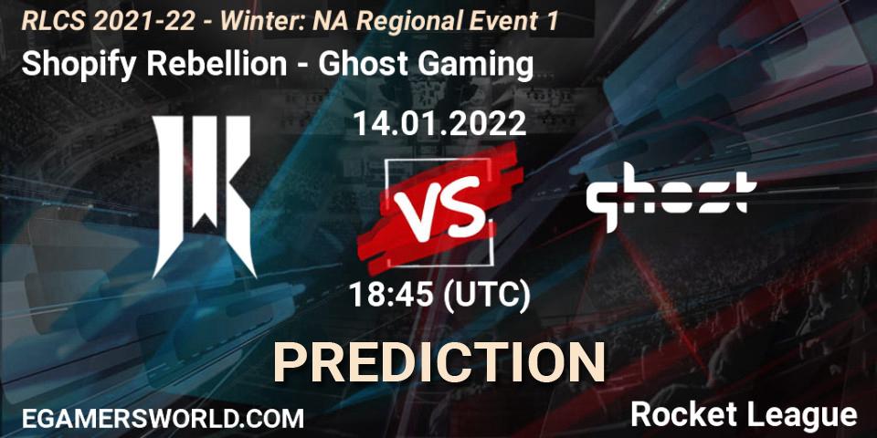 Prognose für das Spiel Shopify Rebellion VS Ghost Gaming. 14.01.22. Rocket League - RLCS 2021-22 - Winter: NA Regional Event 1