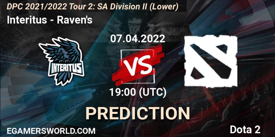 Prognose für das Spiel Interitus VS Raven's. 07.04.2022 at 19:01. Dota 2 - DPC 2021/2022 Tour 2: SA Division II (Lower)