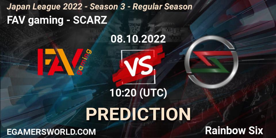 Prognose für das Spiel FAV gaming VS SCARZ. 08.10.2022 at 10:20. Rainbow Six - Japan League 2022 - Season 3 - Regular Season
