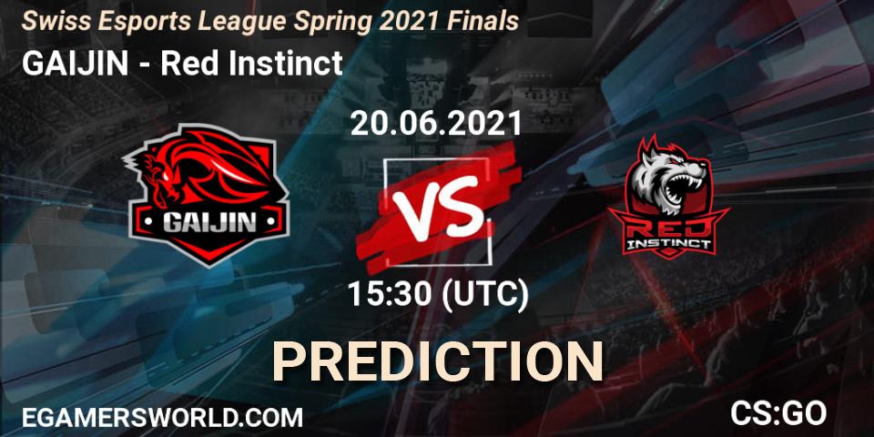 Prognose für das Spiel GAIJIN VS Red Instinct. 20.06.2021 at 16:20. Counter-Strike (CS2) - Swiss Esports League Spring 2021 Finals