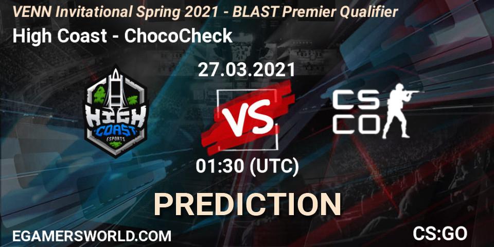 Prognose für das Spiel High Coast VS ChocoCheck. 27.03.2021 at 01:30. Counter-Strike (CS2) - VENN Invitational Spring 2021 - BLAST Premier Qualifier