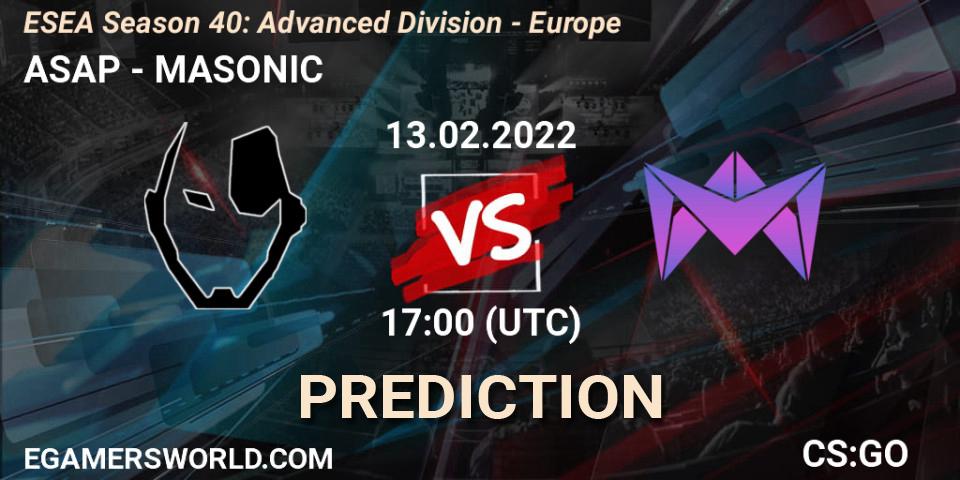 Prognose für das Spiel ASAP VS MASONIC. 13.02.2022 at 17:00. Counter-Strike (CS2) - ESEA Season 40: Advanced Division - Europe