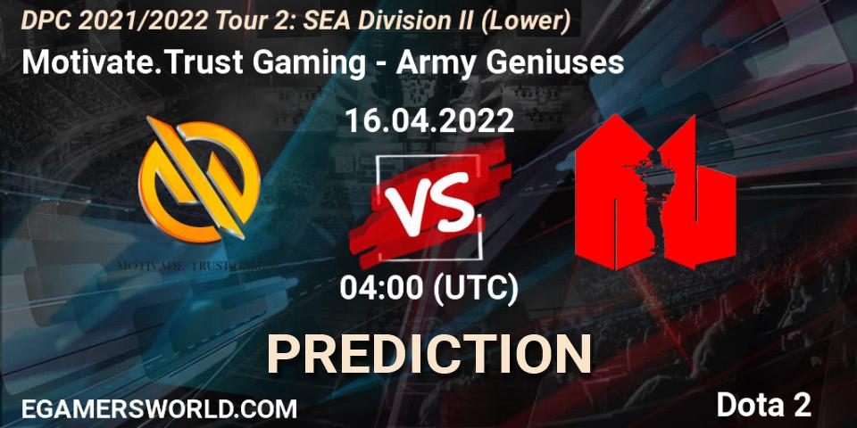 Prognose für das Spiel Motivate.Trust Gaming VS Army Geniuses. 16.04.2022 at 04:04. Dota 2 - DPC 2021/2022 Tour 2: SEA Division II (Lower)