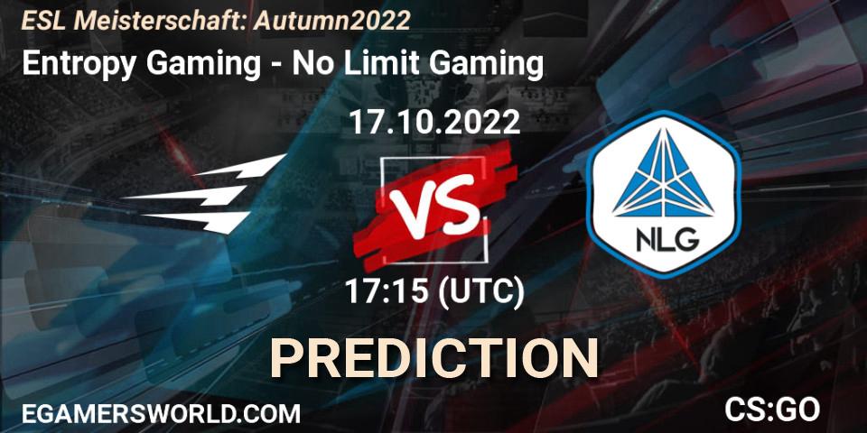 Prognose für das Spiel Entropy Gaming VS No Limit Gaming. 17.10.22. CS2 (CS:GO) - ESL Meisterschaft: Autumn 2022