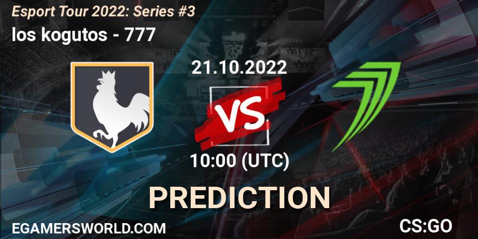 Prognose für das Spiel los kogutos VS 777. 21.10.2022 at 10:00. Counter-Strike (CS2) - Esport Tour 2022: Series #3