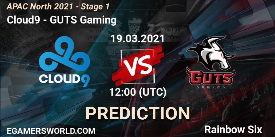 Prognose für das Spiel Cloud9 VS GUTS Gaming. 19.03.2021 at 13:30. Rainbow Six - APAC North 2021 - Stage 1