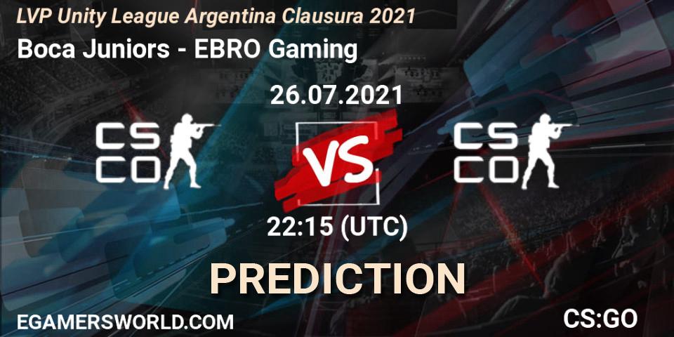 Prognose für das Spiel Boca Juniors VS EBRO Gaming. 26.07.2021 at 22:15. Counter-Strike (CS2) - LVP Unity League Argentina Clausura 2021