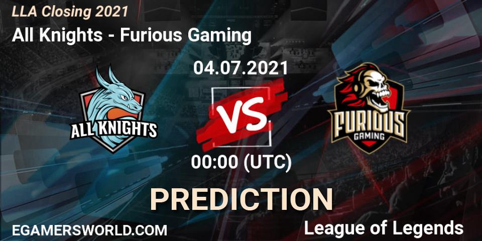 Prognose für das Spiel All Knights VS Furious Gaming. 04.07.2021 at 00:00. LoL - LLA Closing 2021