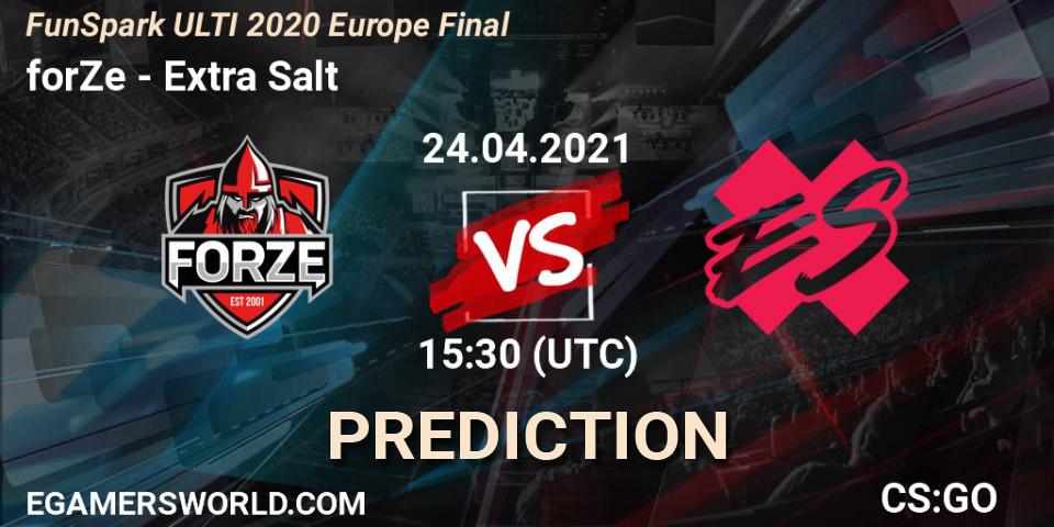Prognose für das Spiel forZe VS Extra Salt. 24.04.2021 at 15:30. Counter-Strike (CS2) - Funspark ULTI 2020 Finals