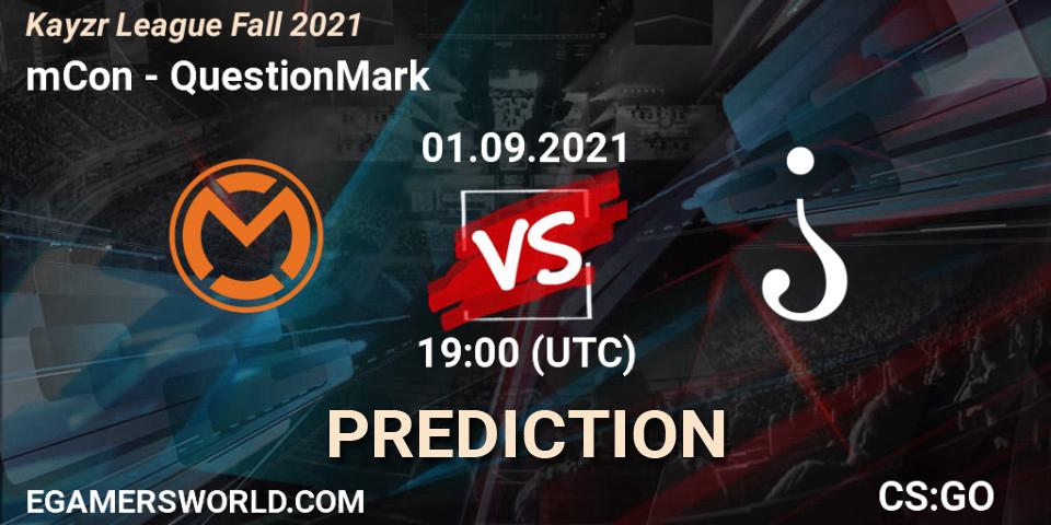 Prognose für das Spiel mCon VS QuestionMark. 01.09.2021 at 19:00. Counter-Strike (CS2) - Kayzr League Fall 2021