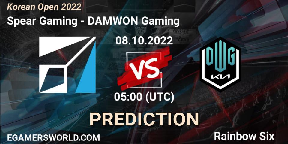 Prognose für das Spiel Spear Gaming VS DAMWON Gaming. 08.10.2022 at 05:00. Rainbow Six - Korean Open 2022