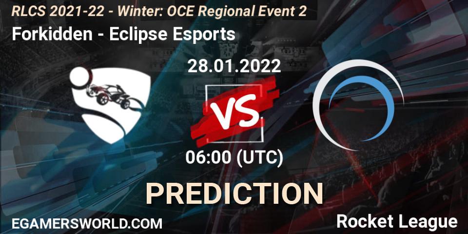 Prognose für das Spiel Forkidden VS Eclipse Esports. 28.01.2022 at 06:00. Rocket League - RLCS 2021-22 - Winter: OCE Regional Event 2