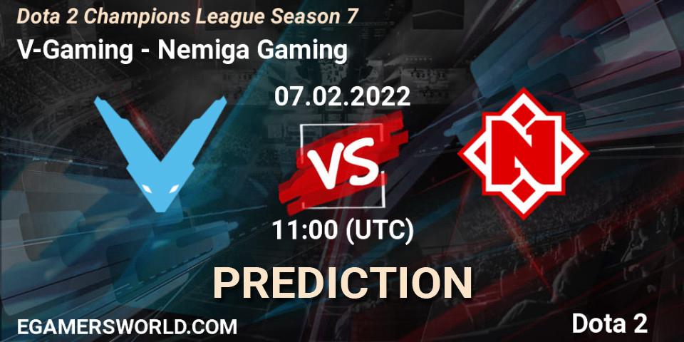 Prognose für das Spiel V-Gaming VS Nemiga Gaming. 07.02.2022 at 11:00. Dota 2 - Dota 2 Champions League 2022 Season 7