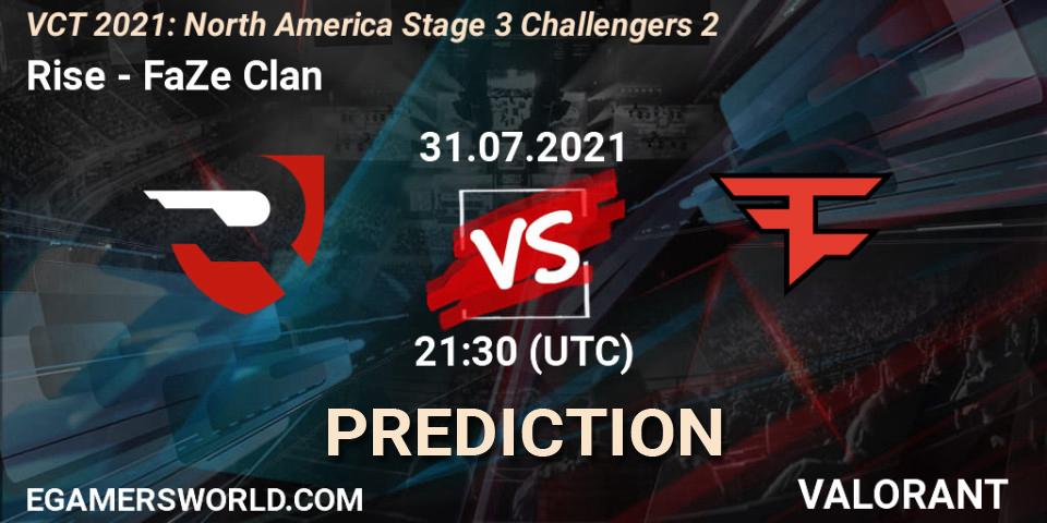 Prognose für das Spiel Rise VS FaZe Clan. 31.07.2021 at 21:00. VALORANT - VCT 2021: North America Stage 3 Challengers 2