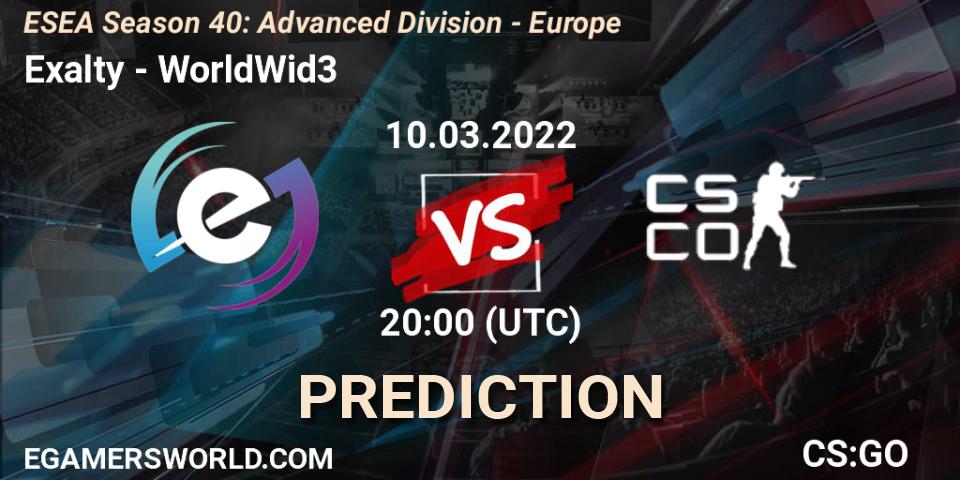 Prognose für das Spiel Exalty VS WorldWid3. 10.03.2022 at 20:00. Counter-Strike (CS2) - ESEA Season 40: Advanced Division - Europe