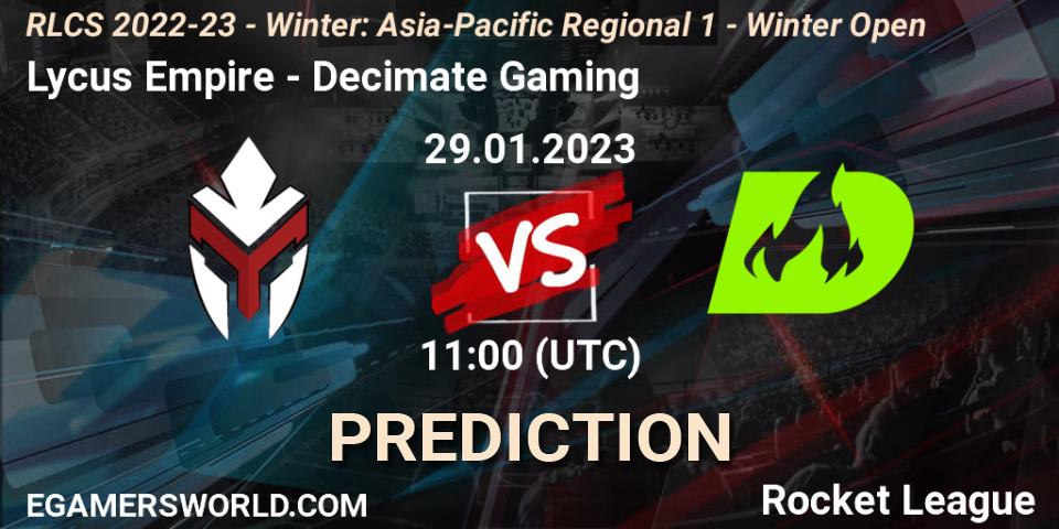 Prognose für das Spiel Lycus Empire VS Decimate Gaming. 29.01.2023 at 11:00. Rocket League - RLCS 2022-23 - Winter: Asia-Pacific Regional 1 - Winter Open