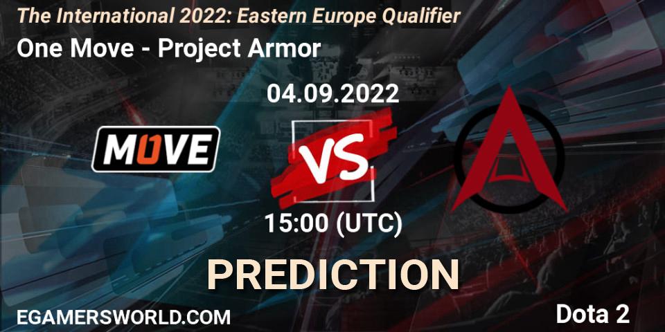 Prognose für das Spiel One Move VS Project Armor. 04.09.2022 at 13:02. Dota 2 - The International 2022: Eastern Europe Qualifier
