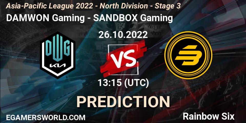 Prognose für das Spiel DAMWON Gaming VS SANDBOX Gaming. 26.10.2022 at 13:15. Rainbow Six - Asia-Pacific League 2022 - North Division - Stage 3