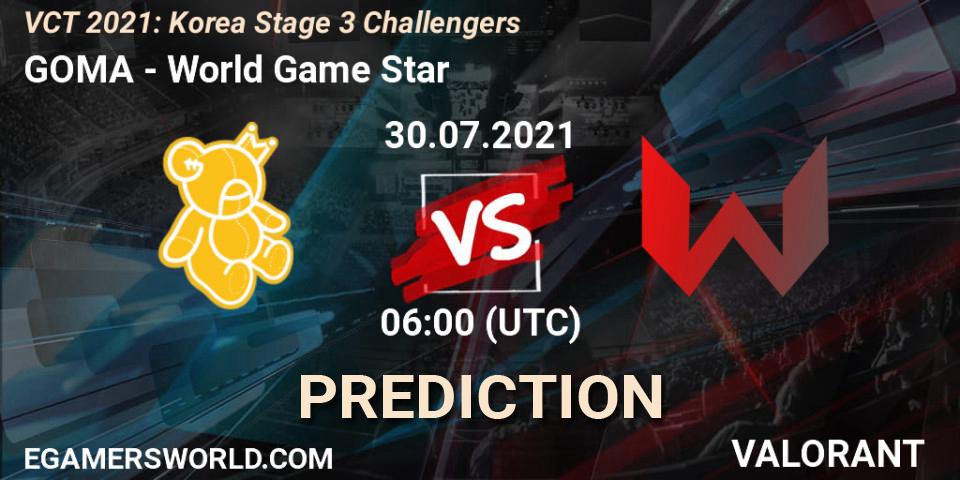Prognose für das Spiel GOMA VS World Game Star. 30.07.2021 at 06:00. VALORANT - VCT 2021: Korea Stage 3 Challengers