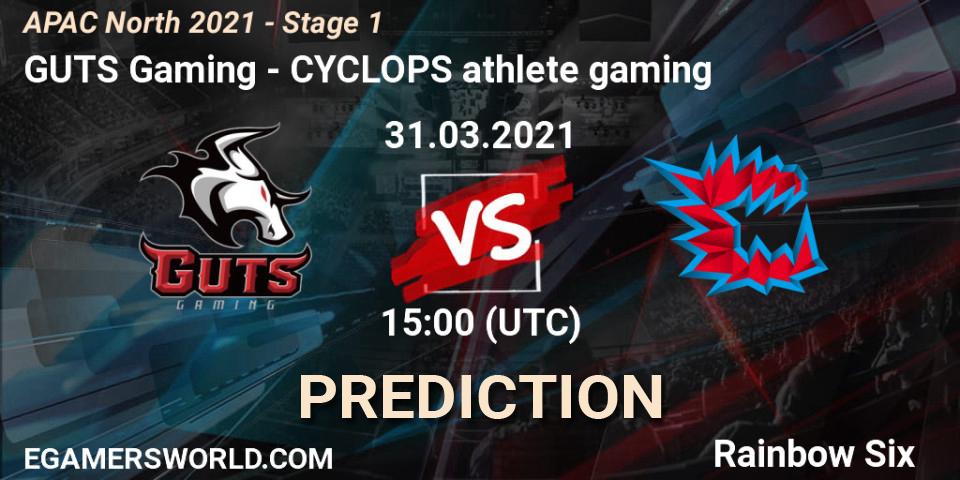 Prognose für das Spiel GUTS Gaming VS CYCLOPS athlete gaming. 31.03.2021 at 10:30. Rainbow Six - APAC North 2021 - Stage 1